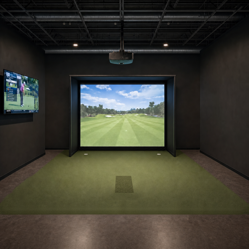 IGO Single-Level Golf Simulator Flooring in green in a golf simulator bay, seen from the front with the hitting strip and two putting cups.