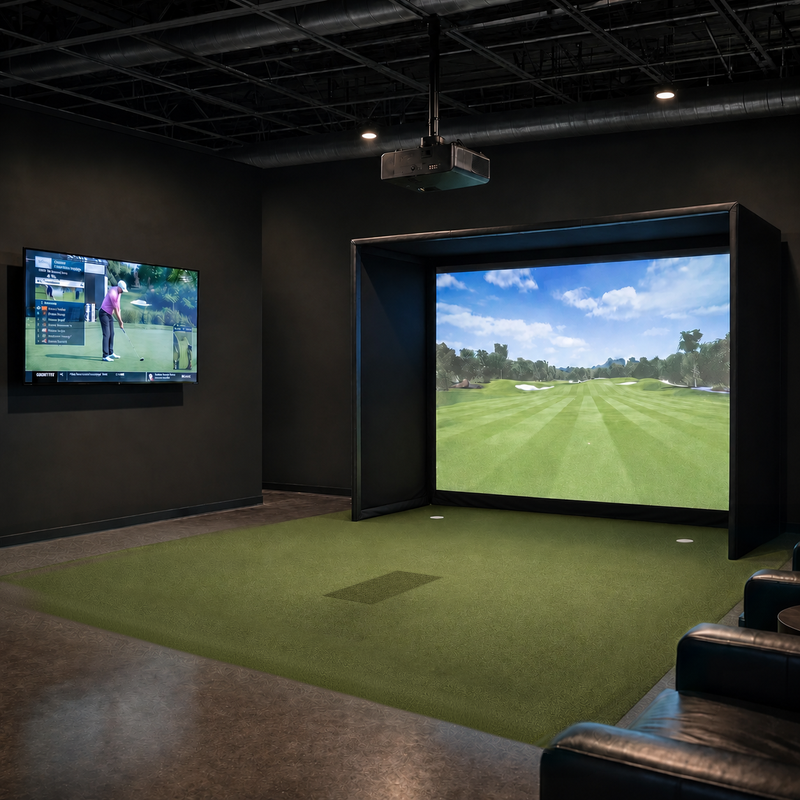IGO Single-Level Golf Simulator Flooring in green covering a golf simulator bay, with lounge seating and a wall-mounted TV.