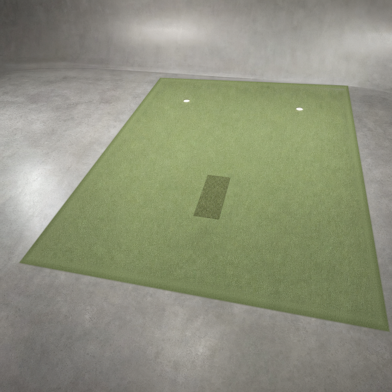 IGO Single-Level Golf Simulator Flooring in green, angled view of the turf, hitting strip and two putting cups.