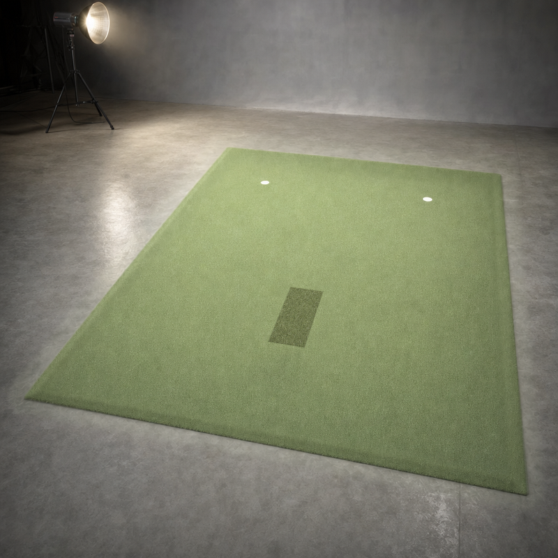 IGO Single-Level Golf Simulator Flooring in green with the hitting strip and two putting cups, lit by a studio spotlight.