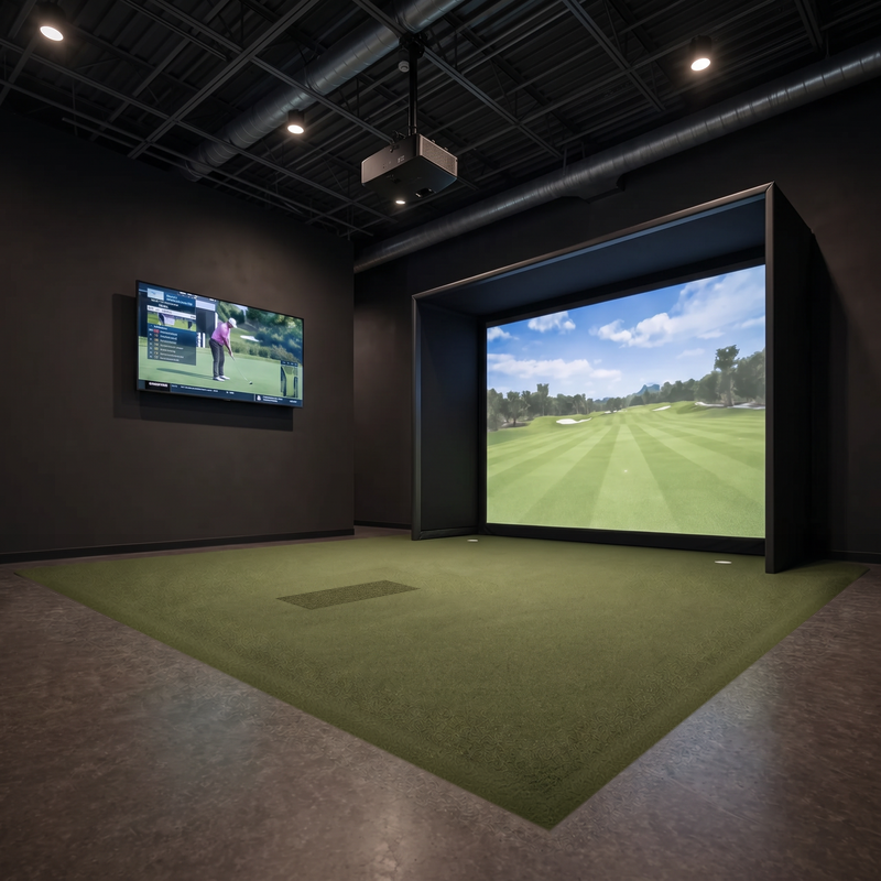 IGO Single-Level Golf Simulator Flooring in green, showing the finished edge of the raised turf floor around the enclosure.