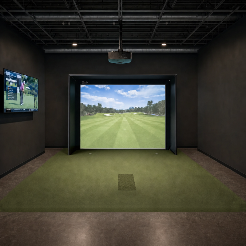 IGO Single-Level Golf Simulator Flooring in green running under the enclosure, with the hitting strip in the middle of the floor.
