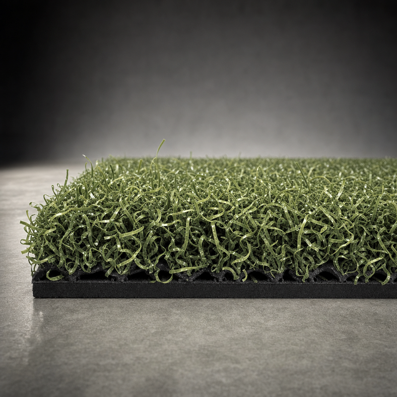 Edge close-up of the IGO Local Muni Hitting Strip turf fibers above the black pad