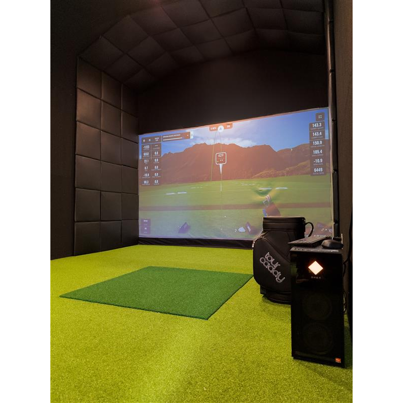 Impact Sports Felt Wall Covering Roll lining the walls of a finished golf simulator room.