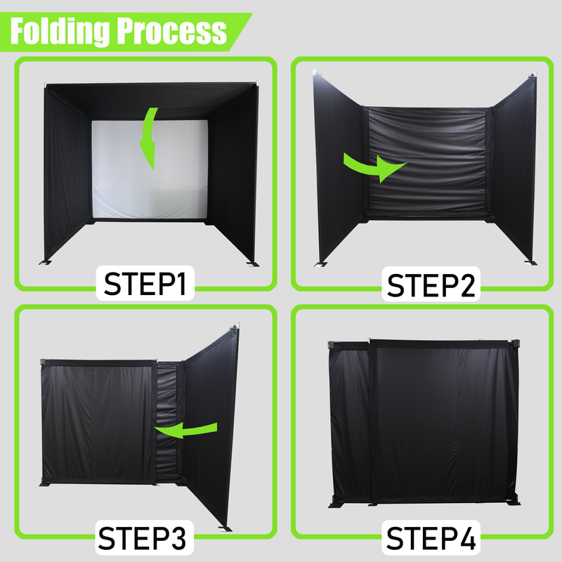 Impact Sports Foldable Golf Simulator Enclosure folding process shown in four steps.
