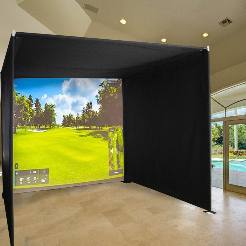 Impact Sports Foldable Golf Simulator Enclosure in use with a golf course projected on the impact screen.