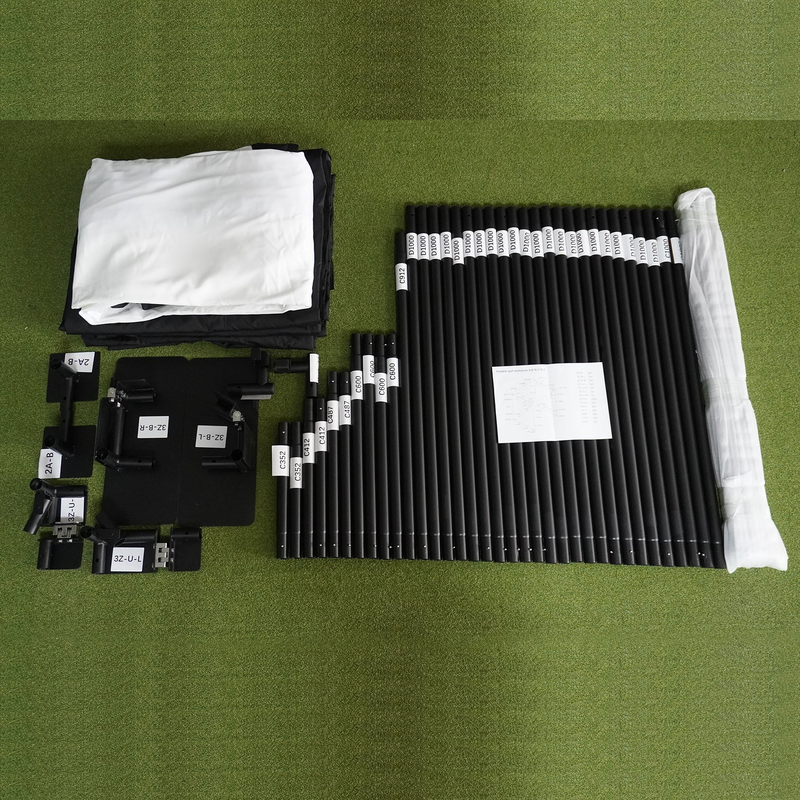 Impact Sports Foldable Golf Simulator Enclosure kit components including the screen, surround, numbered poles, connectors and base plates.