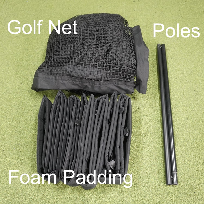 Impact Sports Golf Cage Practice Enclosure kit contents showing the knotless golf net, foam padding sleeves and steel frame poles.
