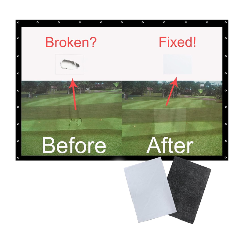Impact Sports Impact Screen Patch Kit before and after repairing a tear in a golf impact screen.
