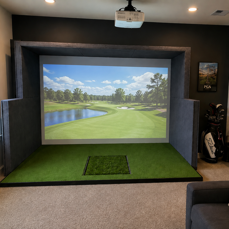 Impact Sports Modular Golf Simulator Enclosure installed in a home golf room with a ceiling mounted projector.