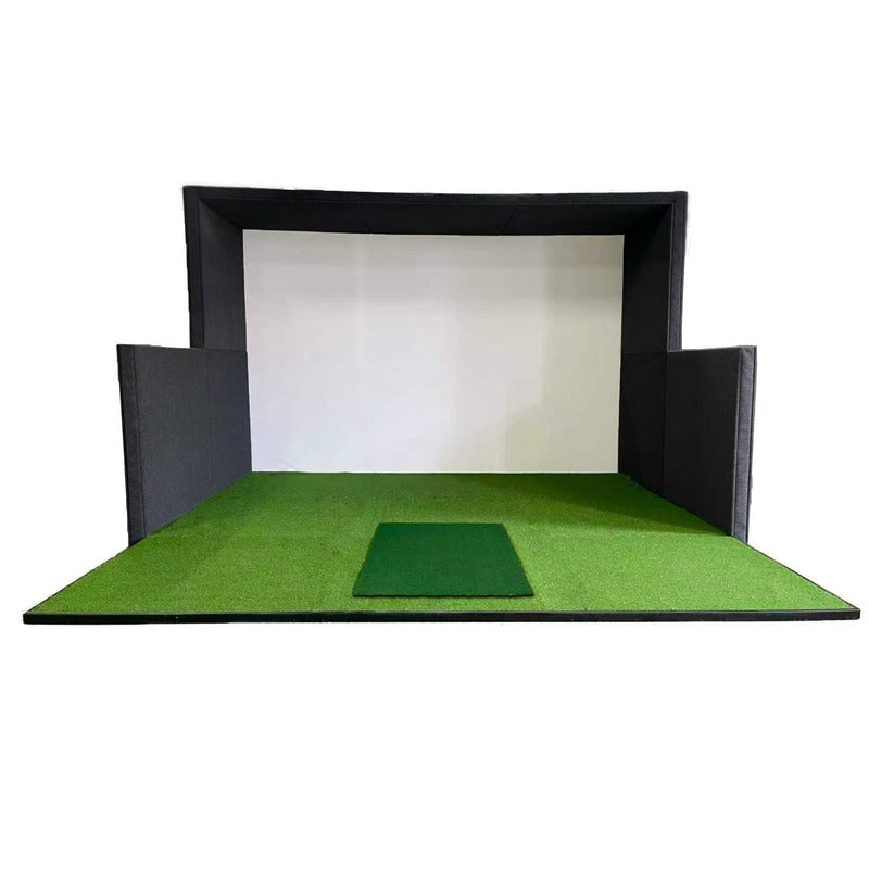Impact Sports Modular Golf Simulator Enclosure front view with full extended side walls, turf floor and hitting strip.