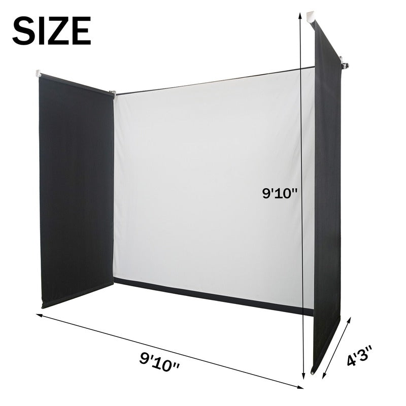 Impact Sports Motorized Drop-Down Golf Simulator Enclosure size diagram with the marked width, height and depth of the 9 foot 10 inch wide size.