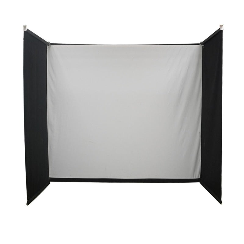 Impact Sports Motorized Drop-Down Golf Simulator Enclosure front view with the impact screen and both side walls lowered.