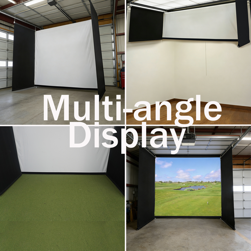 Impact Sports Motorized Drop-Down Golf Simulator Enclosure shown from four angles in a garage and in a finished room.