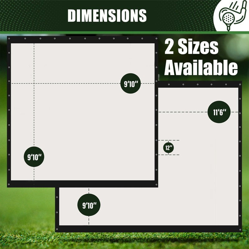 Impact Sports Premium Blackout Golf Impact Screen dimensions infographic for the two available sizes.