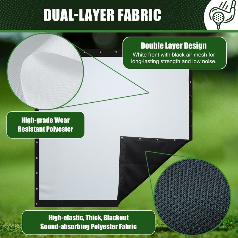 Impact Sports Premium Blackout Golf Impact Screen dual-layer fabric infographic showing the white front and black air-mesh backing.