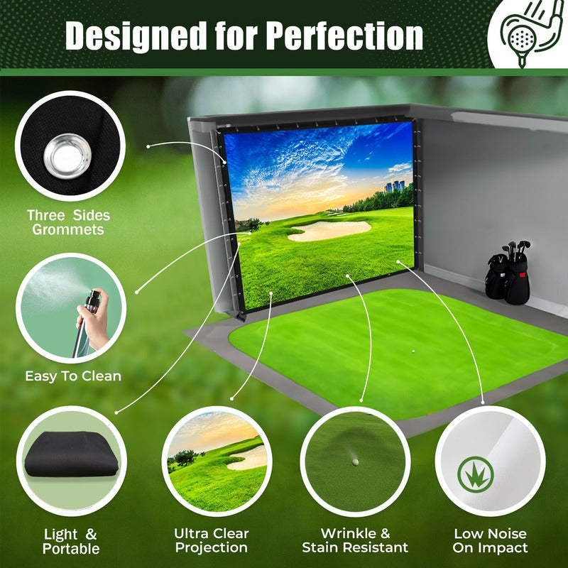 Impact Sports Premium Blackout Golf Impact Screen feature callouts: three-sided grommets, easy to clean, low noise on impact.
