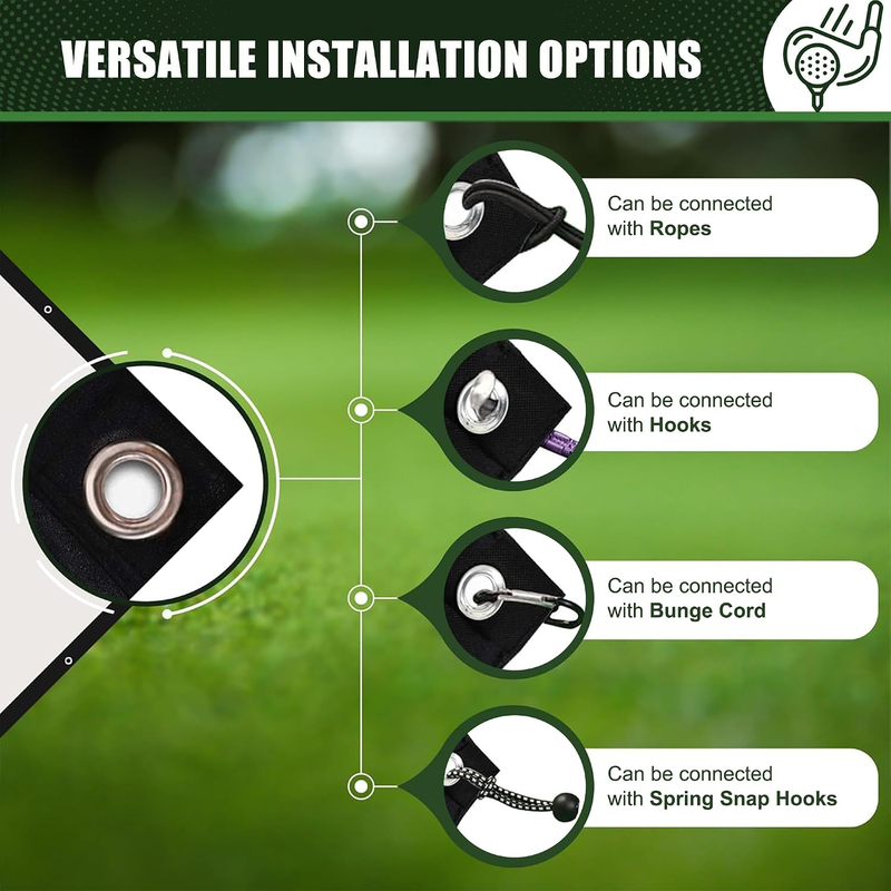 Impact Sports Premium Blackout Golf Impact Screen grommets shown connected with rope, hooks, bungee cord and spring snap hooks.