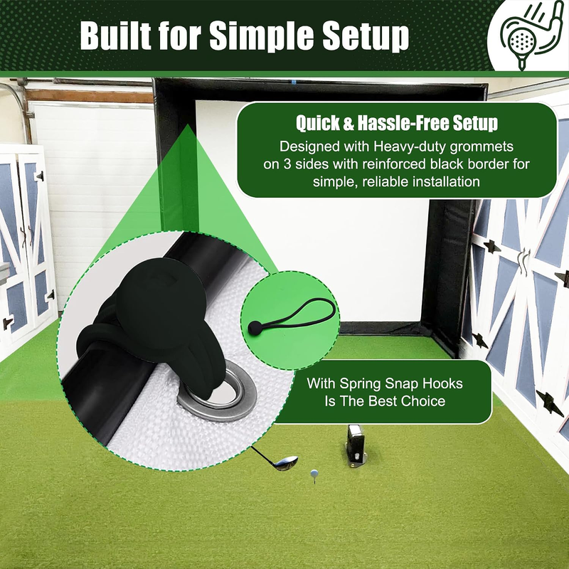 Impact Sports Premium Blackout Golf Impact Screen hung in a garage simulator bay with a ball bungee through a corner grommet.