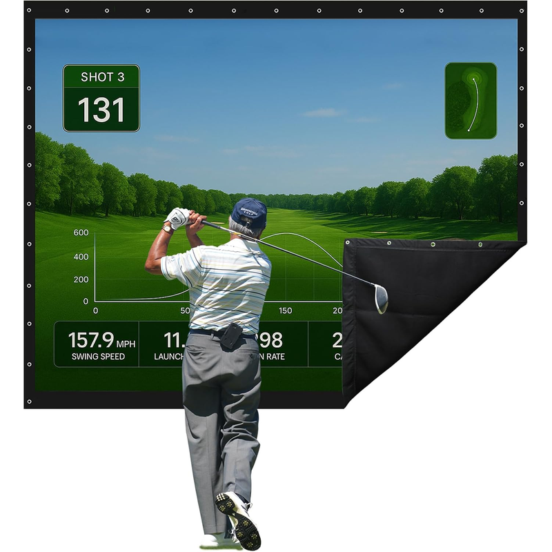 Impact Sports Premium Blackout Golf Impact Screen showing a projected simulator image on the white front with the black blackout backing folded forward.
