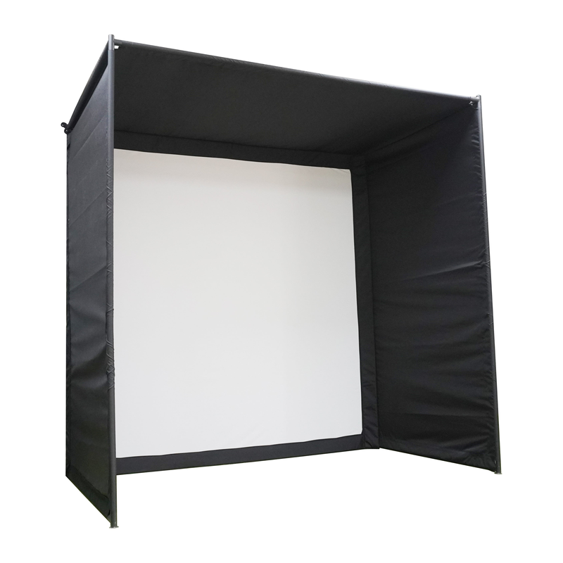 Impact Sports Premium Deluxe Golf Simulator Enclosure angled view showing the roof and side walls wrapping the impact screen.