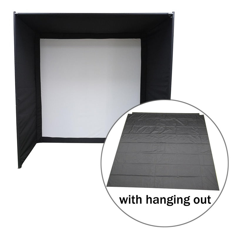Impact Sports Premium Deluxe Golf Simulator Enclosure front view of the padded bungee enclosure with premium blackout impact screen and inset of the rear blackout layer hanging out.