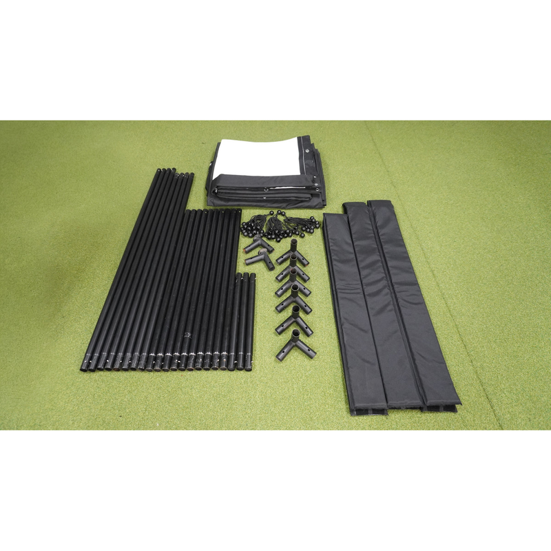 Impact Sports Premium Deluxe Golf Simulator Enclosure pole system, corner connectors, pole padding, ball bungees and folded screen laid out.