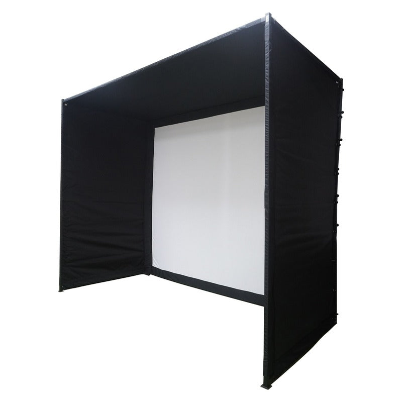 Impact Sports Premium Square Pole Golf Simulator Enclosure angled view showing the padded side walls and roof on the square-pole frame.