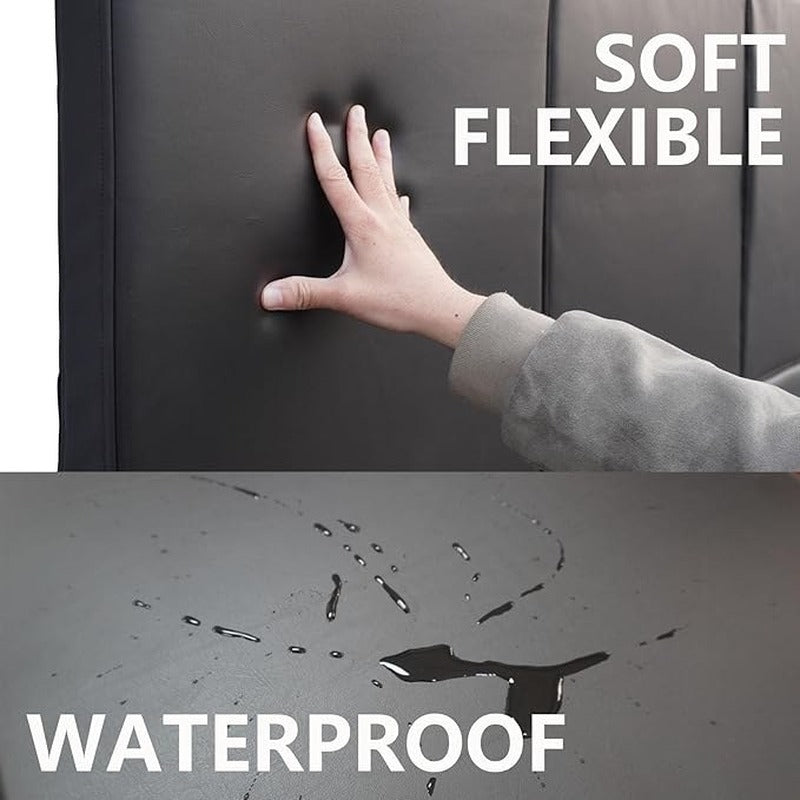 Impact Sports Premium Wall Padding (12-Pack) hand pressing into the soft flexible pad and water beading on the waterproof surface.