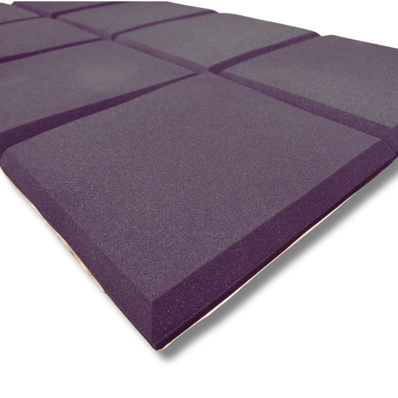 Impact Sports Standard Adhesive Wall Padding (8-Pack) close-up of beveled pads tiled edge to edge in a custom purple color with the adhesive liner visible.