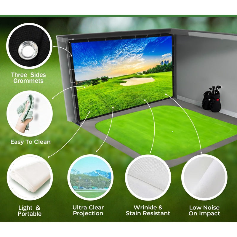 Impact Sports Standard Golf Impact Screen feature callouts: three-sided grommets, easy to clean, light and portable, low noise.