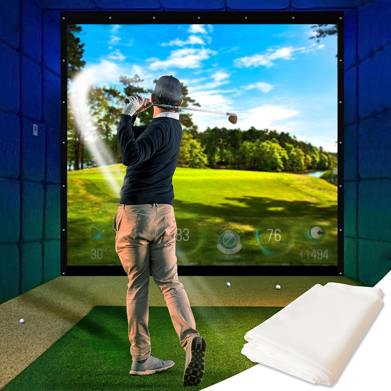 Impact Sports Standard Golf Impact Screen hung in a netted bay with a golfer hitting into a projected course.