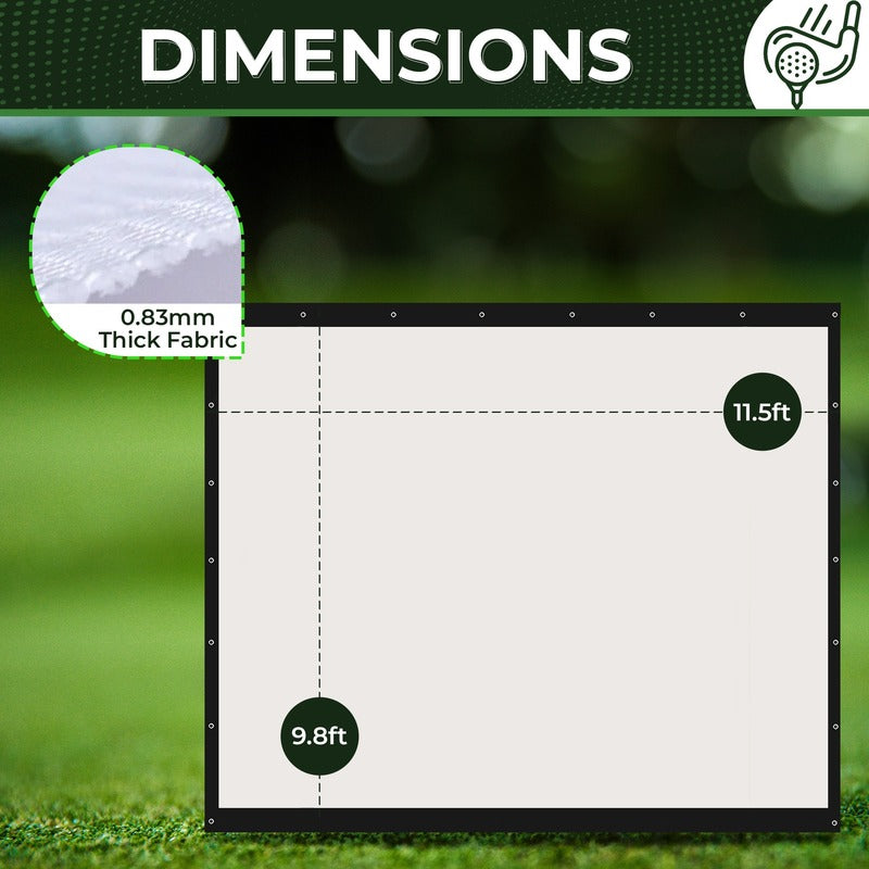 Impact Sports Standard Golf Impact Screen dimensions diagram showing 11.5 ft by 9.8 ft and 0.83 mm thick fabric.
