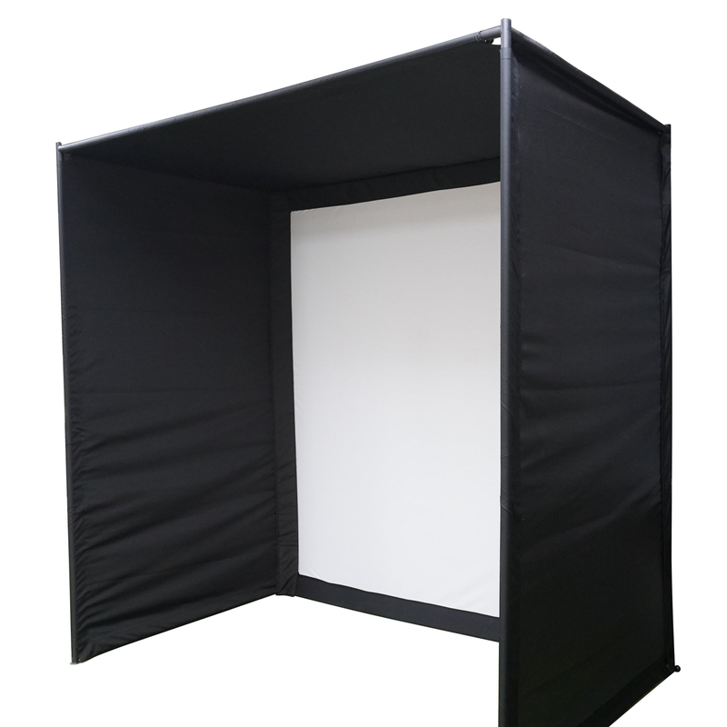 Impact Sports Standard Golf Simulator Enclosure angled view showing the pole frame, black surround and white impact screen.