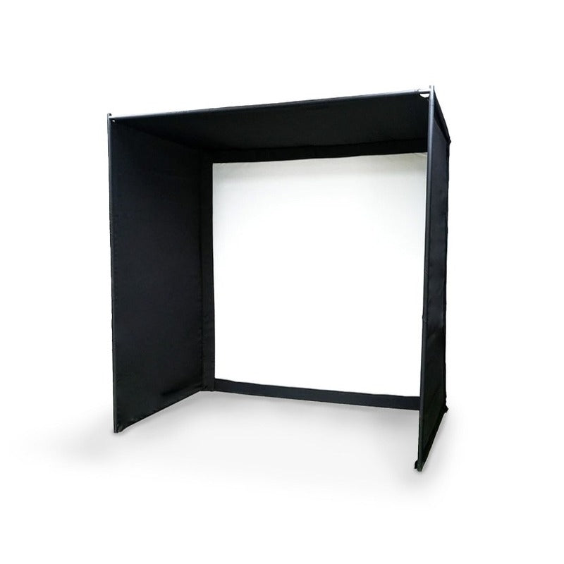 Impact Sports Standard Golf Simulator Enclosure angled view showing the padded side walls and roof.