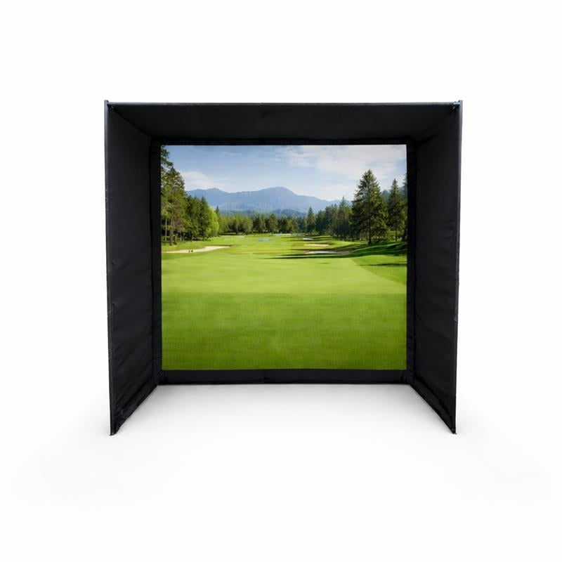 Impact Sports Standard Golf Simulator Enclosure front view with a golf course projected on the impact screen.