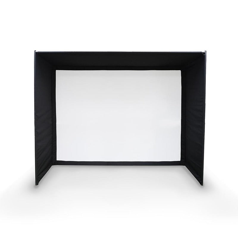 Impact Sports Standard Golf Simulator Enclosure front view of the black padded bungee enclosure with white impact screen.