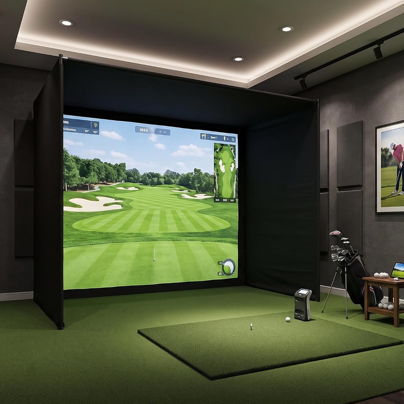 Impact Sports Standard Golf Simulator Enclosure set up in a home golf simulator room with a hitting mat and launch monitor.