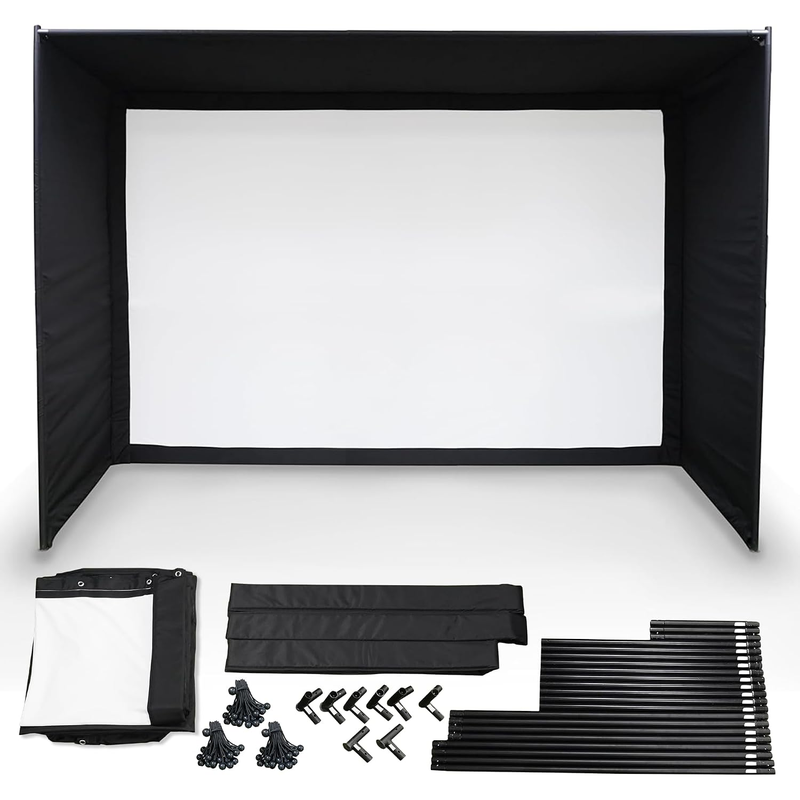 Impact Sports Standard Golf Simulator Enclosure shown with the impact screen, surround, pole padding, ball bungees, connectors and numbered poles included in the kit.