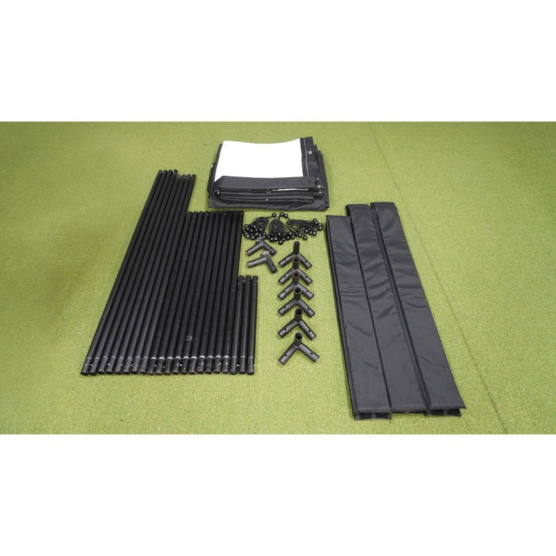 Impact Sports Standard Golf Simulator Enclosure pole system, pole padding, bungees and enclosure fabric laid out before assembly.
