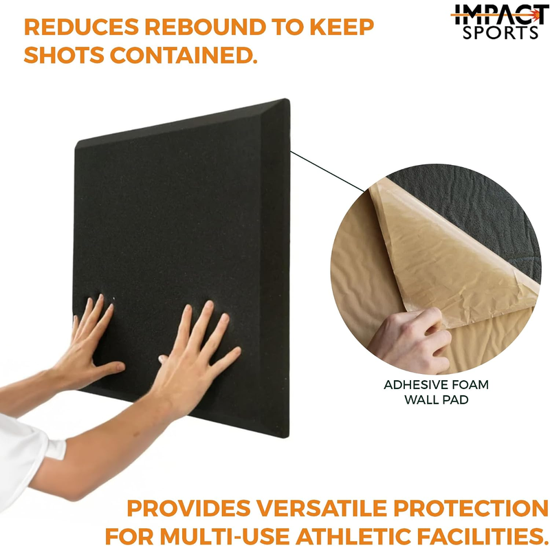 Impact Sports Standard Adhesive Wall Padding pad being pressed onto a wall with an inset showing the peel away adhesive backing.