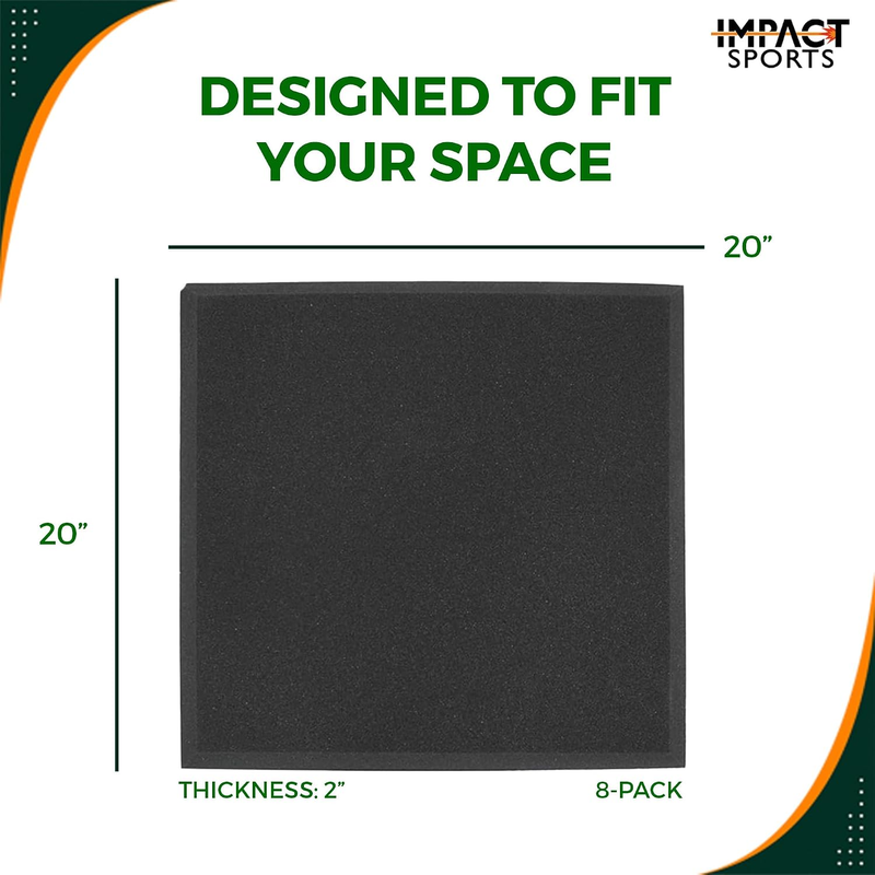 Impact Sports Standard Adhesive Wall Padding dimensions diagram showing a 20 inch square pad 2 inches thick in an 8-pack.
