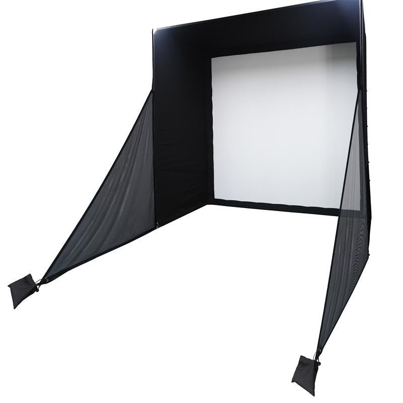 Impact Sports Triangular Net Barriers (Set of 2) attached to the front poles of a simulator enclosure to extend side protection.