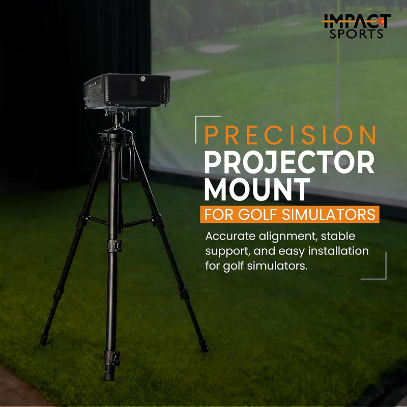 Impact Sports Tripod Projector Stand holding a projector on the turf in front of a golf simulator impact screen.