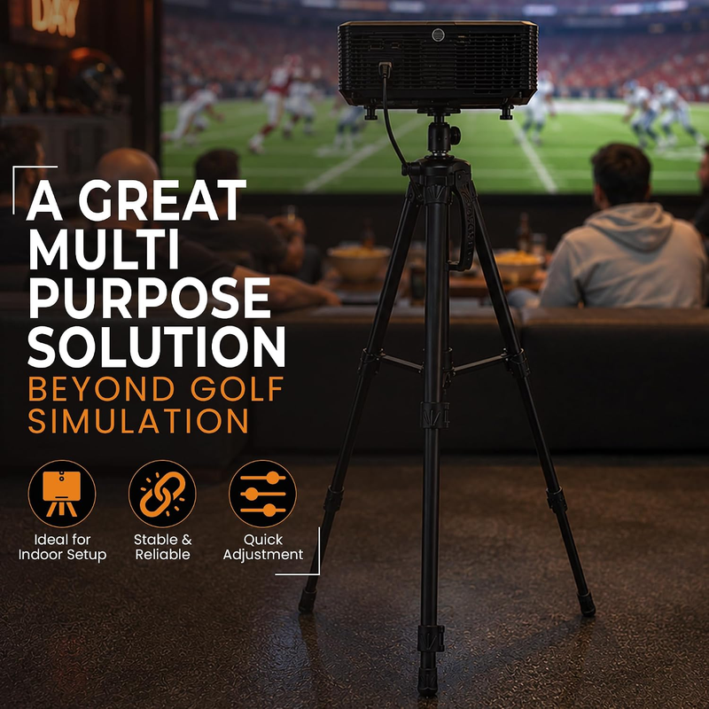 Impact Sports Tripod Projector Stand holding a projector for indoor viewing away from golf simulator use.