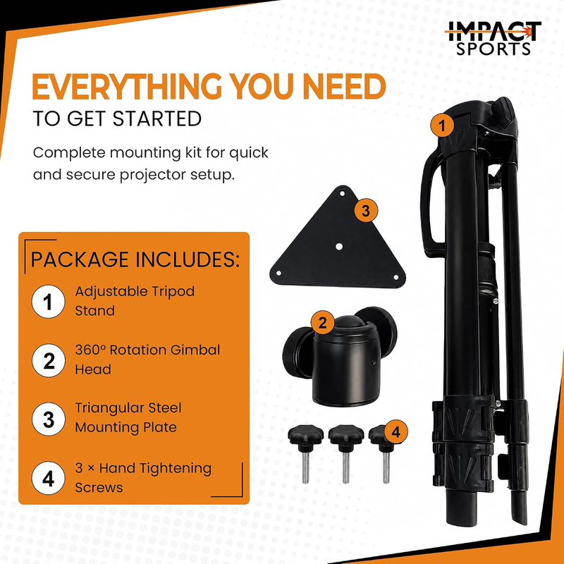 Impact Sports Tripod Projector Stand package contents showing the tripod, the 360 degree gimbal head, the triangular steel mounting plate and three hand tightening screws.