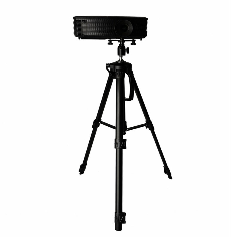 Impact Sports Tripod Projector Stand holding a short throw projector on the triangular steel mounting plate.