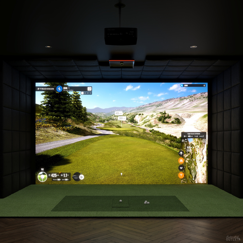 Golf Simulator with Trackman iO Launch Monitor and custom impact screen with padded walls and ceiling panels.