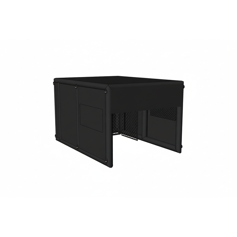 Inflatable golf simulator enclosure 12x16 black flat roof three quarter view.