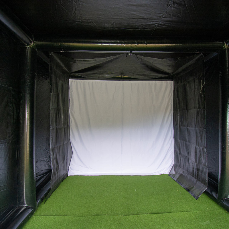 Inflatable golf simulator enclosure 12x16 interior impact screen and side netting.